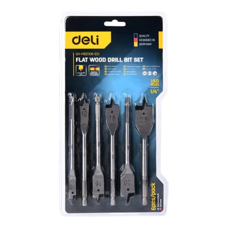 Set of DH-MBZ006-ED1 Wood Spade Drill Bits, 6 Pieces - 10, 12, 16, 18, 20, 25mm