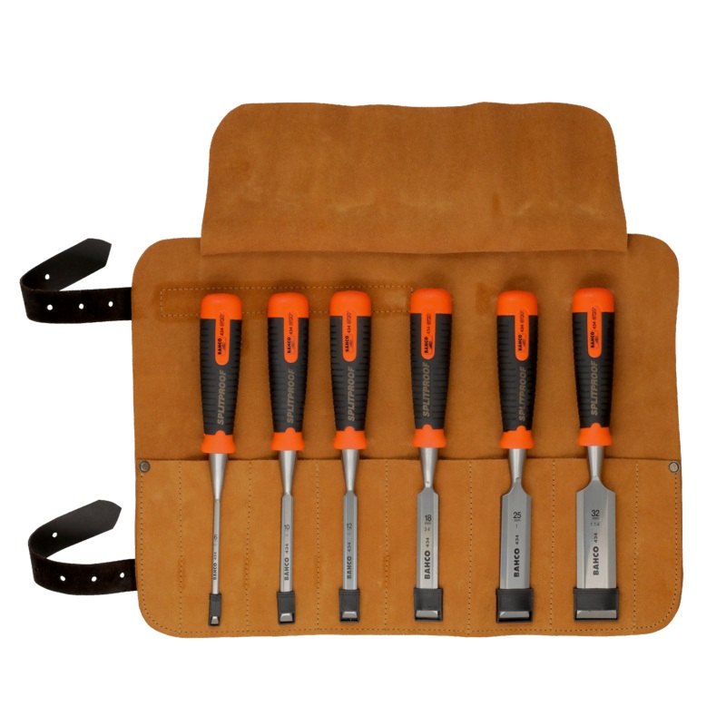 Bahco  6 pcs ERGO Splitproof chisel set in leather roll pouch. 434-S6-LR