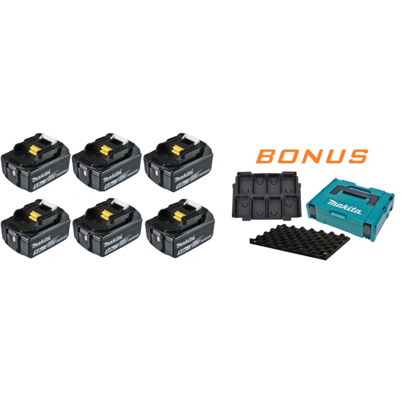 Makita 18 volt 5.0Ah battery 6 pack BL1850X6 WITH BONUS MAKPAC115 (FREE POSTAGE).