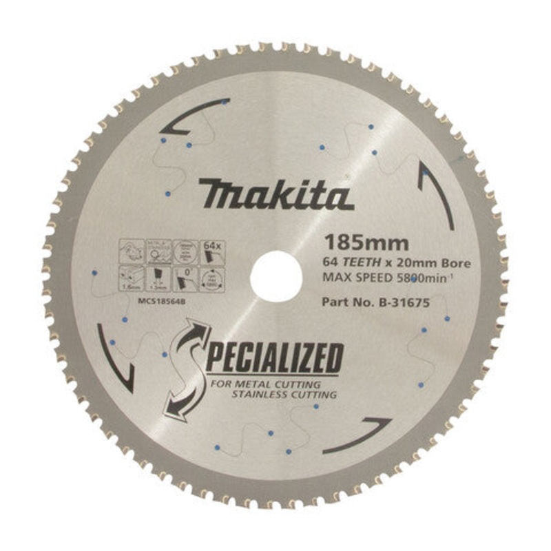 Makita 304 Grade Stainless Steel TCT Saw Blade 185mm X 20mm X 64T B-31675