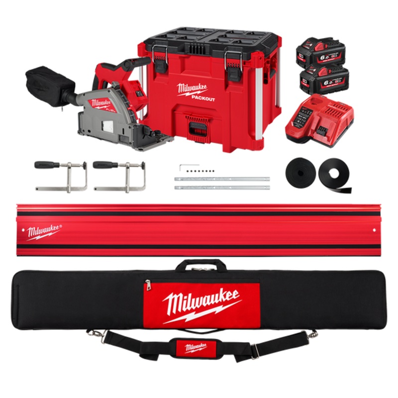 Milwaukee M18 FUEL 165mm Track Saw Kit (2x 6.0Ah, Guide Rail, Clamps, Joiners, Bag, XL Packout Tool Box) - M18FPS55-602P