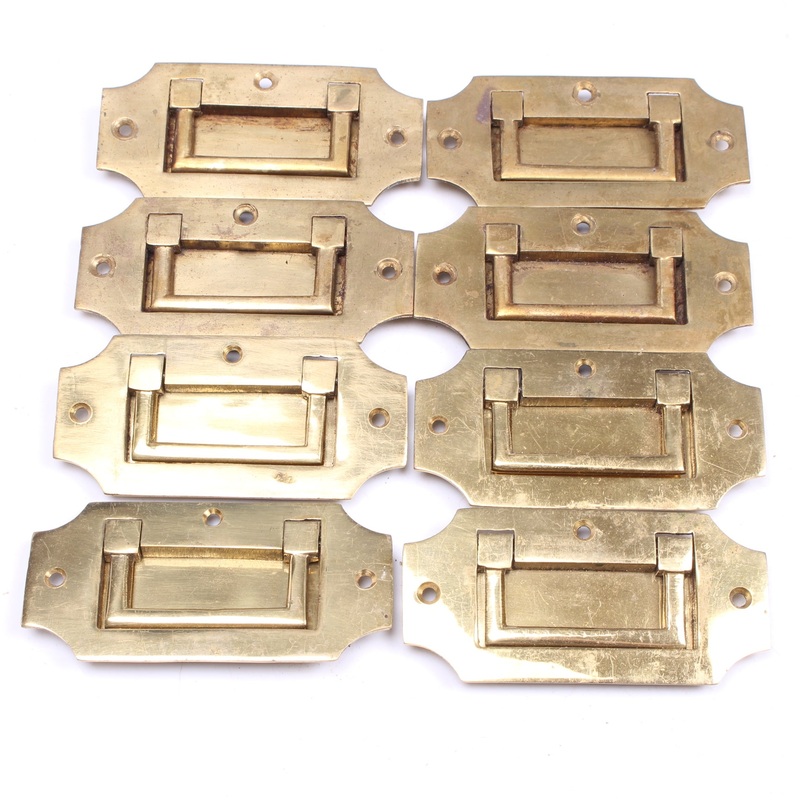 8x Old Brass Campaign Furniture Flush Pull Handles - 3 1/2" x 1 3/4"