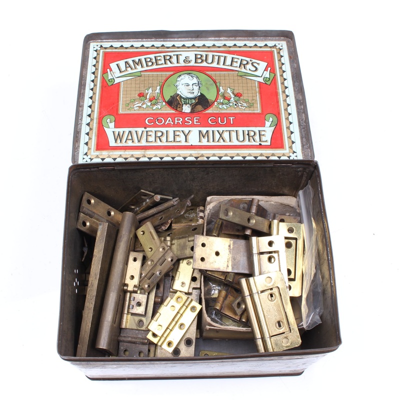 Old Tin Containing Many Old Brass Hinges