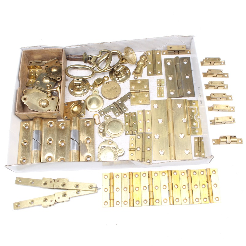 Box Of Various Vintage Brass Hinges & Brass Ironmongery