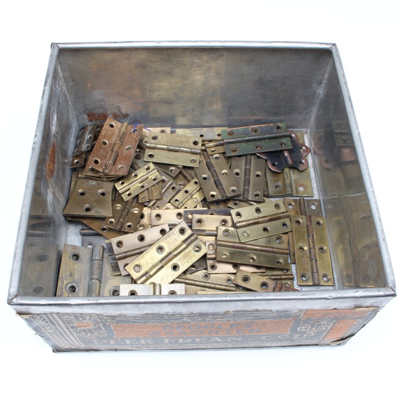 Large Old Tin Containing Many Old Brass Hinges