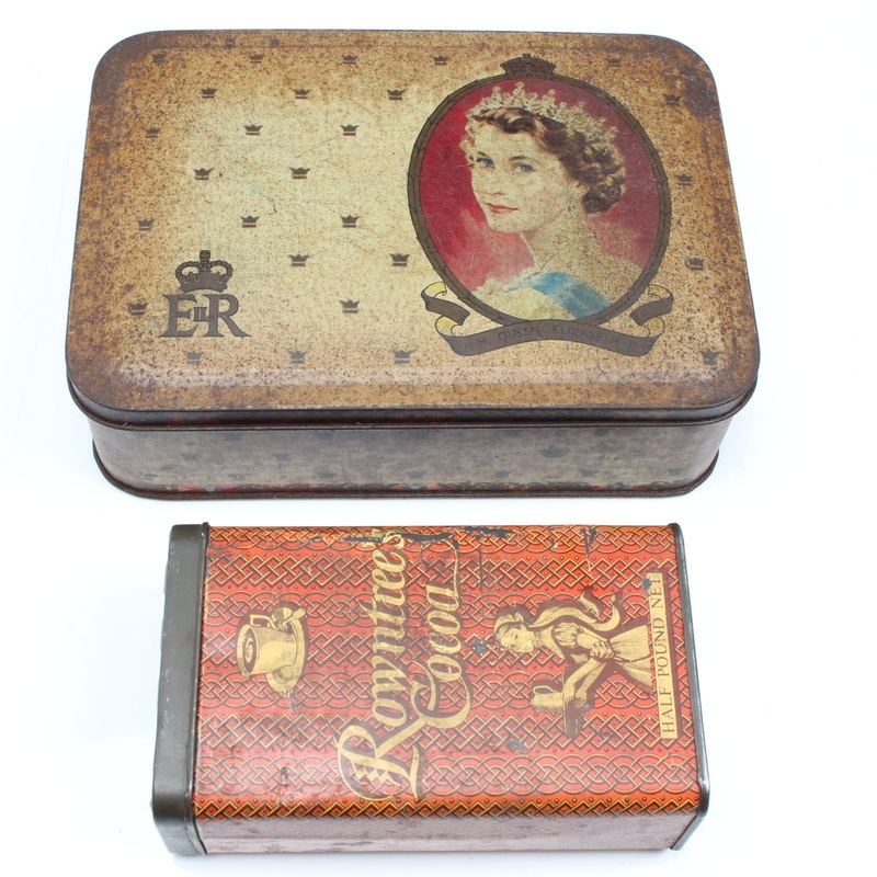Old British Tins  Queen ER II Tin & Rowntrees Cocoa Tin