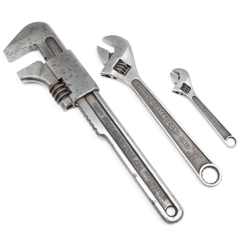 Old Crescent Wrench & 2x Diamalloy Adjustable Spanners (USA)