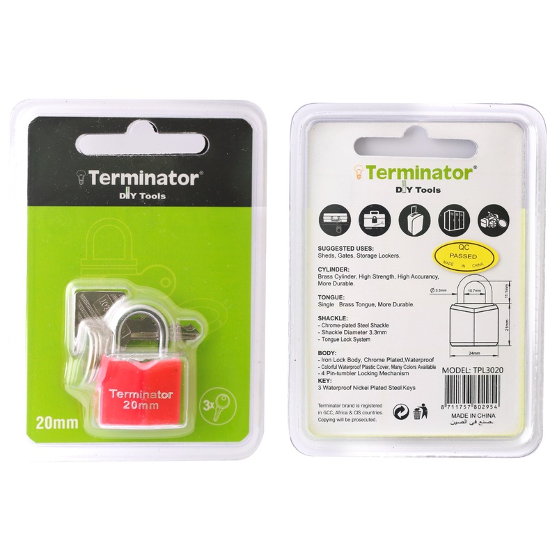 Terminator Pad lock with sealed blister packing.20mm/25mm/30mm Available in Blue, Green & Red colors