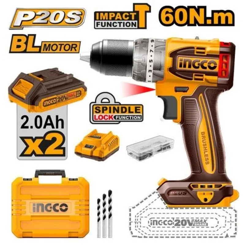 Ingco CIDLI20602 Li-Ion Compact Impact Drill Brushless 20V