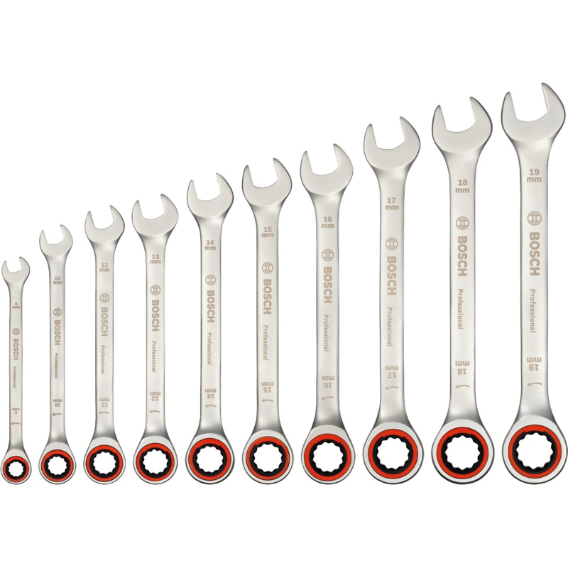 Bosch 1 600 A02 AU0 10Pcs Combination Rachet Spanner Wrench Set 8-19mm Satin