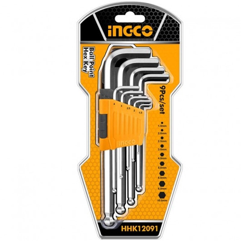 Ingco HHK12091 9pcs Ball Point Hex Allen Key Wrench Set (Long Arm)