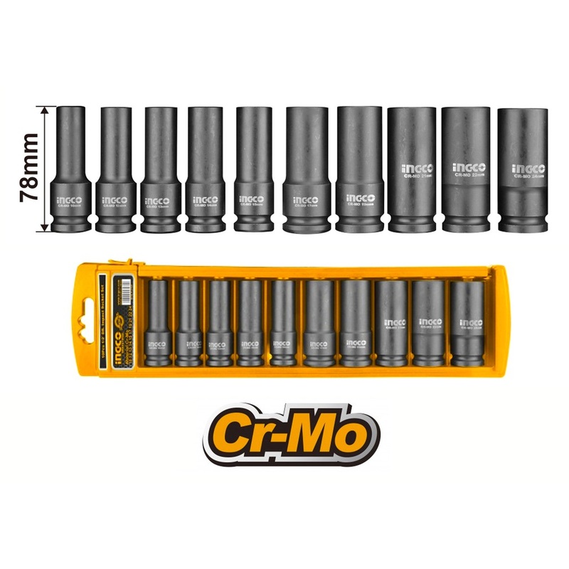 Ingco HKISSD12102L 10pcs 1/2" Deep Impact Socket Wrench 1/2" Drive