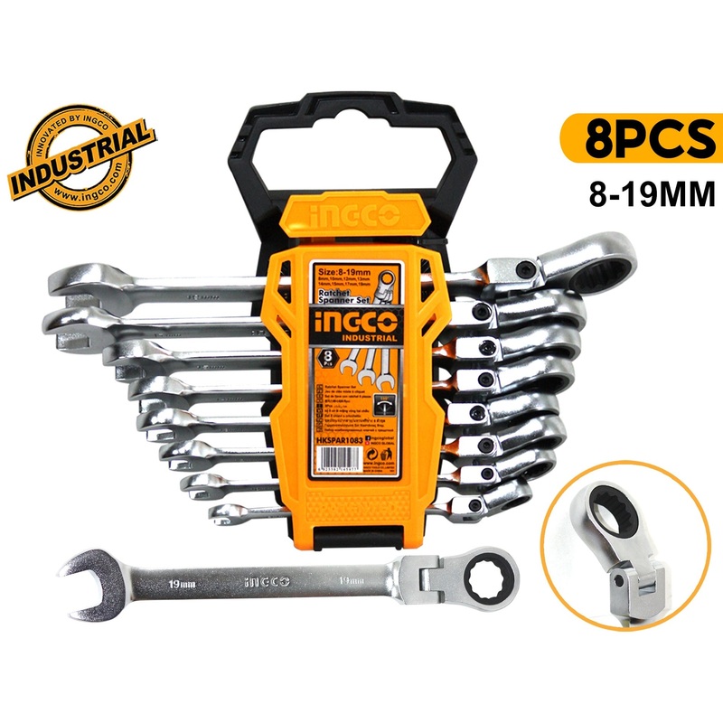 Ingco HKSPAR1083 8pcs Flexible Ratchet Spanner / Ratcheting Wrench Set