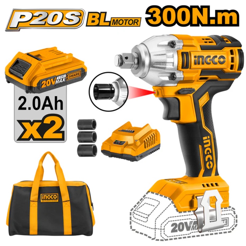 Ingco CIWLI2001 20V Cordless Brushless Li-Ion Impact Wrench (Set)