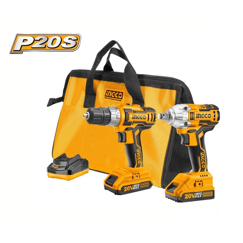 Ingco CKLI2007 20V Li-Ion Cordless 2pc Combo Kit: Drill & Wrench