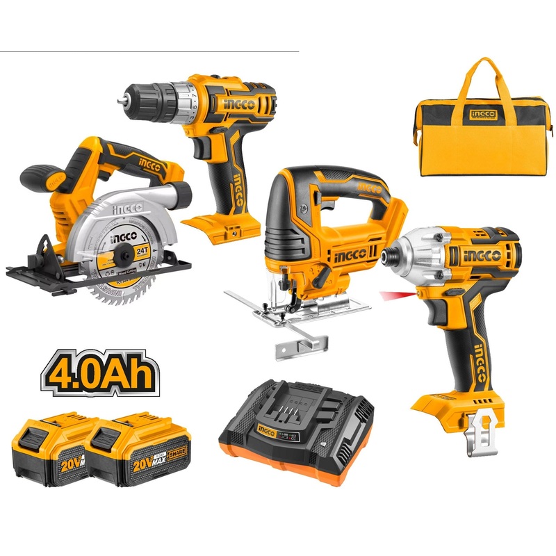 Ingco CKLI2010 20V Li-Ion Cordless 4pcs Combo Kit Drill,Driver,JIgsaw, Circular Saw