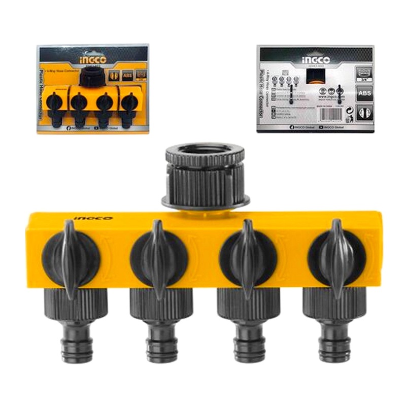 Ingco HHC1402 4-Way Plastic Hose Connector with Shut-off and Swivel Nut 1"-3/4" Reducer