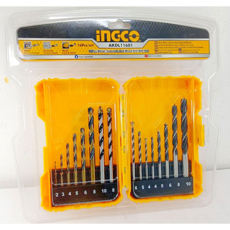 Ingco AKDL11601 16pcs Metal Concrete and Wood Drill Bit Set