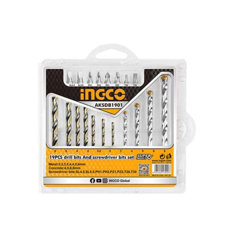 Ingco AKSDB1901 19pcs Drill Bits Screwdriver SS