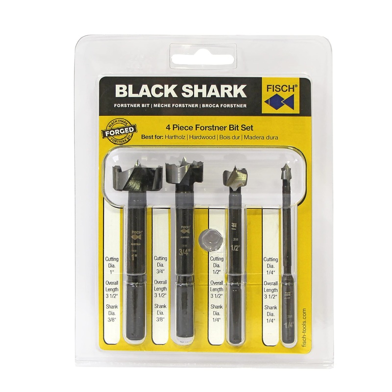 FISCH Black Shark FORSTNER Drill BIT Set  4 Piece Premium Forged Steel (1/4" to 1")  HIGH-Speed Precision BITS  Made in Austria  Ideal for Hardwood & SOFTWOOD