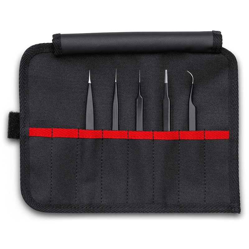 KNIPEX Tools 92 00 01 ESD 5 Pc Stainless Steel Tweezers Set in Tool Roll-ESD, Black