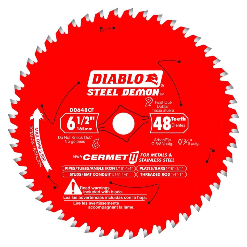 Diablo Steel Demon Cermet II Saw Blade for Metals and Stainless Steel - 6-1/2" Diameter, 48 TCG Teeth, 5/8" Arbor, .061" Kerf, 0 Hook Angle, 5800 Max RPM - D0648CFX