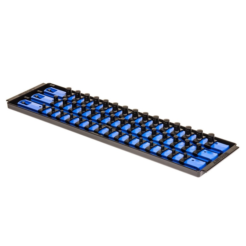 Ernst 18-Inch Socket Organizer 3 Rail Socket Boss (8451) - Toolbox Socket Organization Tray - SAE & Metric Socket Storage, 57 Twist-Lock Clips for 1/4-inch, 3/8-inch, & 1/2-inch Socket Sets, Blue, USA