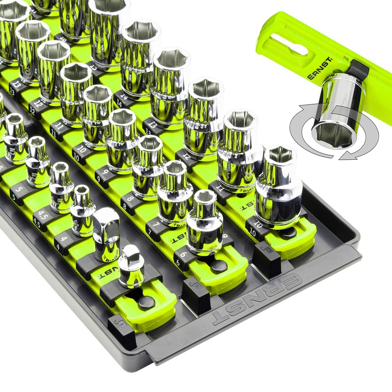 Ernst Manufacturing 8460HV Socket Boss 3-Rail Multi-Drive Socket Rail Organizer with Tray, 18-Inch, High-Visibility - Made in USA