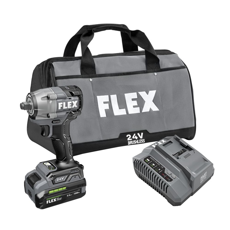 FLEX 24V Brushless Cordless 1/2-Inch 450 Ft-Lbs Torque Compact Impact Wrench Kit with 3.5Ah Stacked Lithium Battery and 160W Fast Charger - FX1431-1F