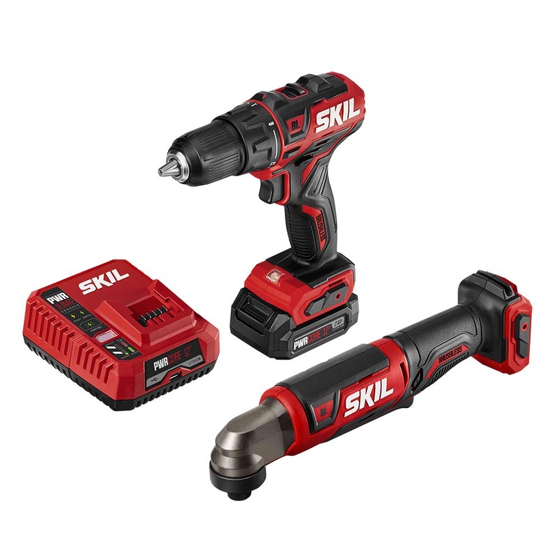 [ USED ]SKIL 2-Tool Combo Kit: PWRCore 12 Brushless 12V 1/2 Inch Cordless Drill Driver and 1/4 Inch Hex Right Angle Impact Driver, with 2.0Ah Lithium Battery and PWRJump Charger - CB743001