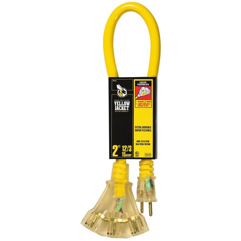 2 ft. 12/3 SJTW Multi-Outlet (3) Outdoor Heavy-Duty Contractor Adapter Extension Cord with Power Light Block