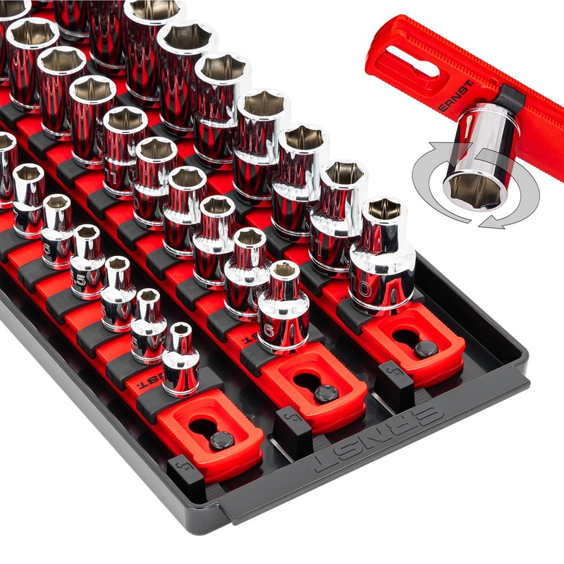 Ernst Manufacturing 18-Inch Socket Boss - Premium 3-Rail Multi-Drive (1/4", 3/8", 1/2") Socket Organizers w Twist Lock Clips, Socket Set Holder for 57 Tools - SAE & Metric - Red (8450) - Made in USA