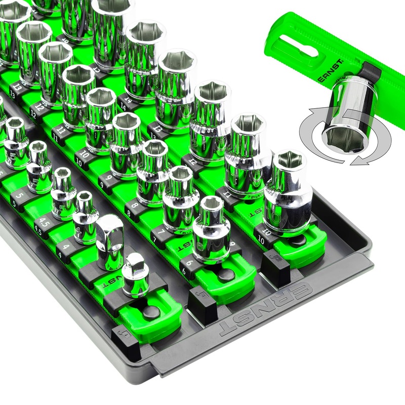 Ernst Manufacturing 8481 Socket Boss 3-Rail Multi-Drive Socket Holder Tray for Toolbox, Twist-Lock Secures Sockets, Green, Socket Holder Socket Clips for SAE, Metric Socket Sets - Made in USA