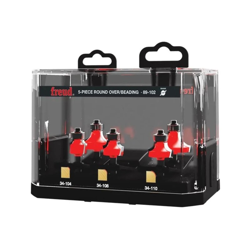 Freud 5 Piece Round Over/Beading Bit Set - Ideal for Rounding & Beading Edges on Furniture - 1/4" Shank & 3/8" Bearing - 89-102