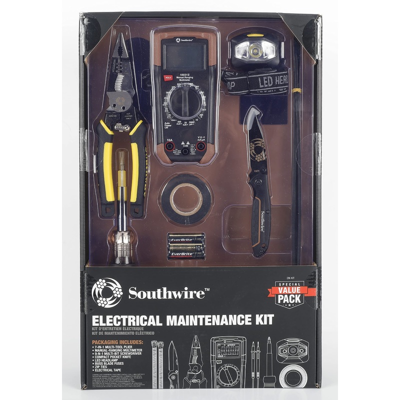 Electrical Maintenance Tool Kit including Multi-Tool Pliers, Multimeter, Multi-Bit Screwdriver, Compact Pocket Knife, LED Headlamp, Buss Blade Fuses, Zip Ties, and Electrical Tape