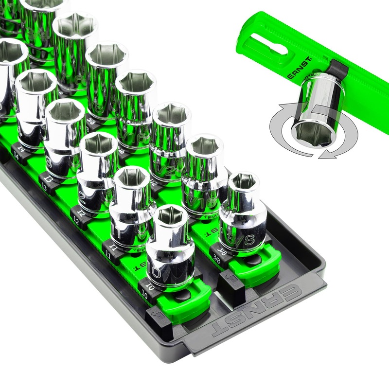 Ernst Manufacturing 8487 Socket Boss, 2 18-Inch Rails featuring Twist-Lock Secure Socket Holder and Drawer Tray, Fits 1/2 Inch Drive Sockets, Green - Made in USA