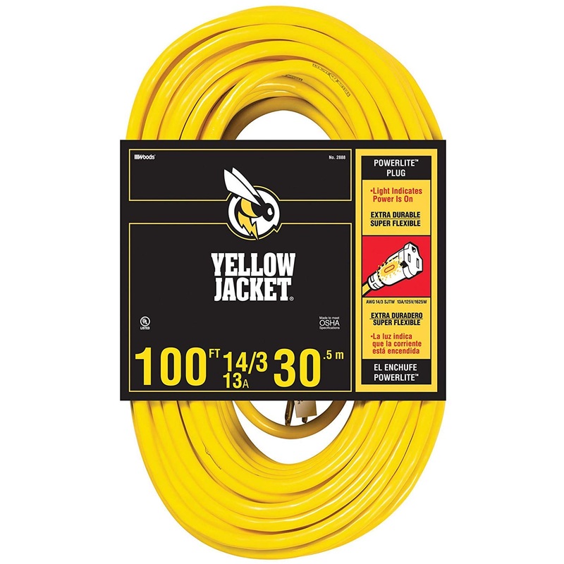 Yellow Jacket 2888 UL Listed 14/3 13 Amp Premium SJTW 100' (30.5M) Extension Cord with Grounded (3 prong) Lighted Receptacle End, 100 Foot, Yellow