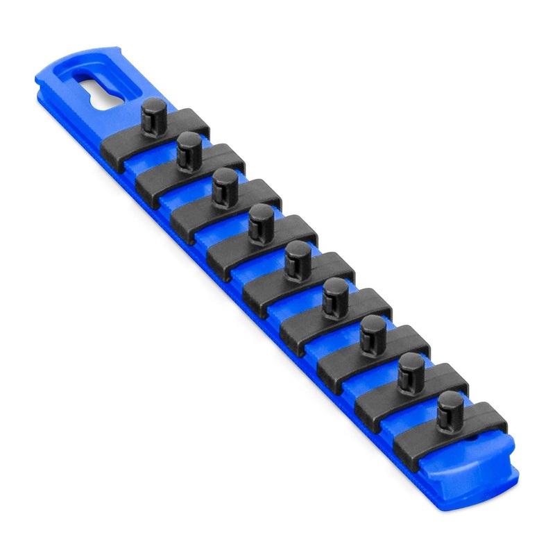 Ernst Manufacturing 8-Inch Magnetic Socket Organizer with 9 Twist Lock Clips, 1/4 Drive | Toolbox Organizer | Strong Magnetic Mounts | SAE or Metric Sockets | Made in USA |Blue 8-Inch 1/4-Inch Twist Clips Blue