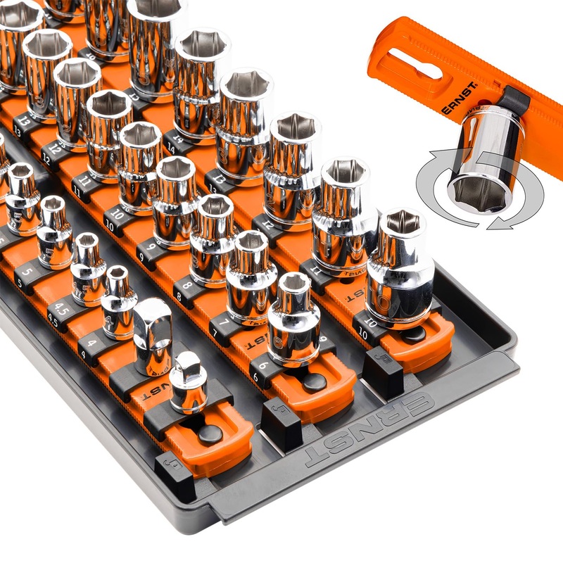 Ernst Manufacturing 8482 Socket Boss 3-Rail Multi-Drive Socket Organizer, 18-Inch Socket Rails with Twist-Lock Secure Storage, Orange - Made in USA 18-Inch Orange